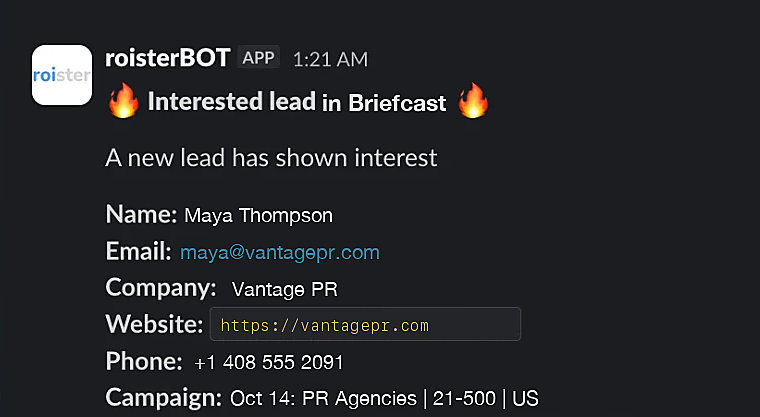 Slack alert: interested lead